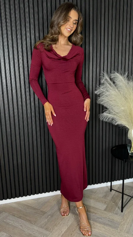 Midi Dresses for Roof Edge -Alisha Burgundy Cowl Neck Long Sleeve Midi Dress