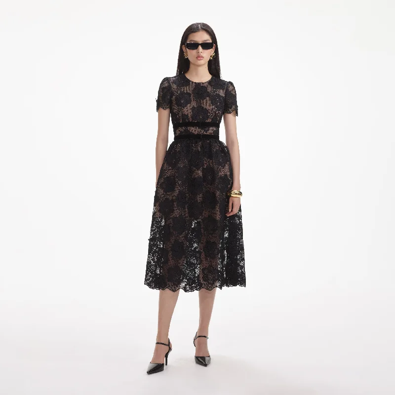 V-Top Midi Dresses -Black Lace Velvet Bow Midi Dress