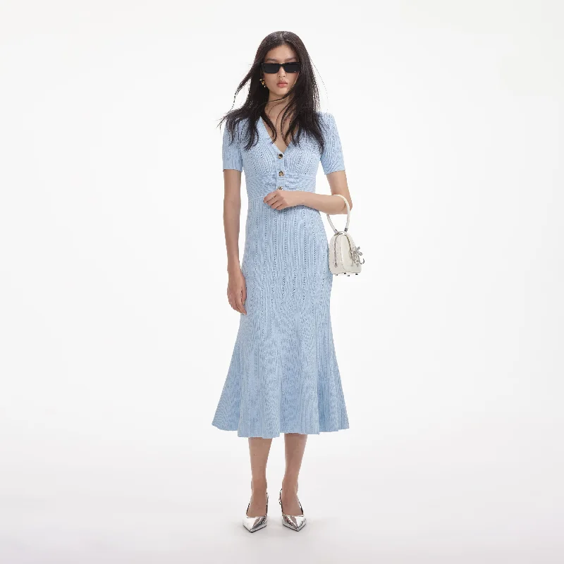 Swing-Top Midi Dresses -Blue Pointelle Knit Midi Dress