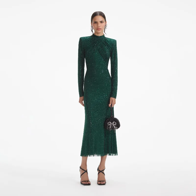 High-Edge Midi Dresses -Green Rhinestone Mesh Midi Dress