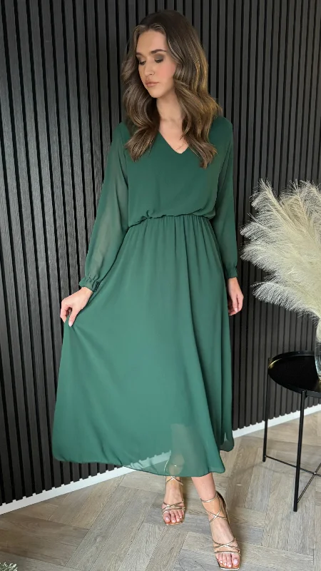 Budget-Friendly Midi Dresses Online -Beatrix Forest Green V Neckline Midi Dress