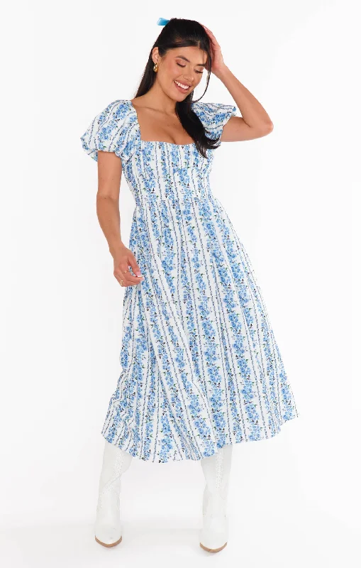 Floral-Mix Midi Dresses -Belle Midi Dress ~ Blue Bliss Stripe