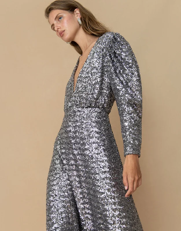 Muted Midi Dresses -Bernadette Sequin Midi Dress - Pewter - SALE