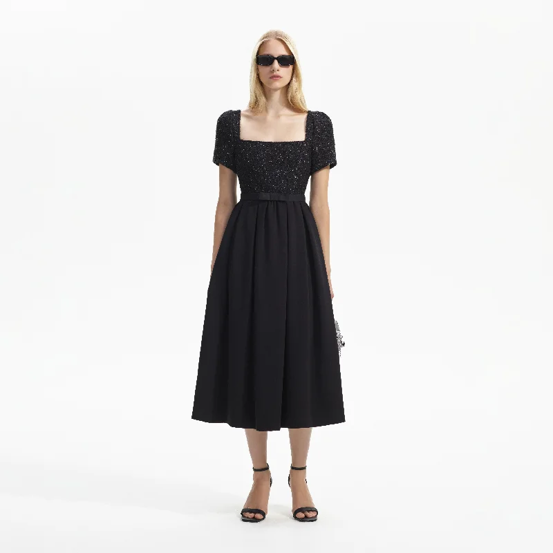 Bow-Tie Midi Dresses -Black Boucle Square Neck Midi Dress