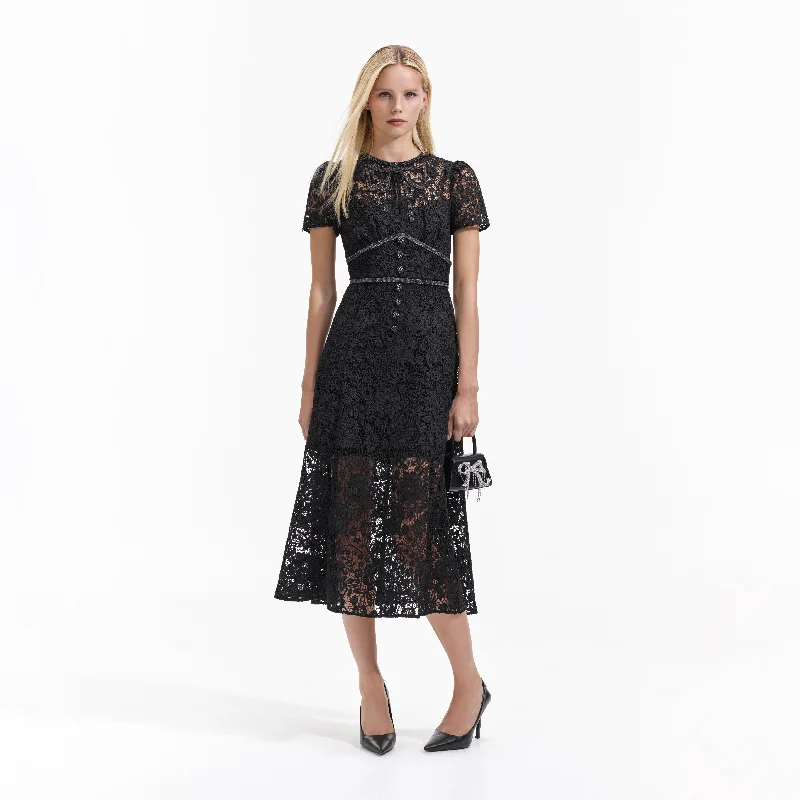 Midi Dresses for Spring Evenings -Black Cord Lace Bow Midi Dress