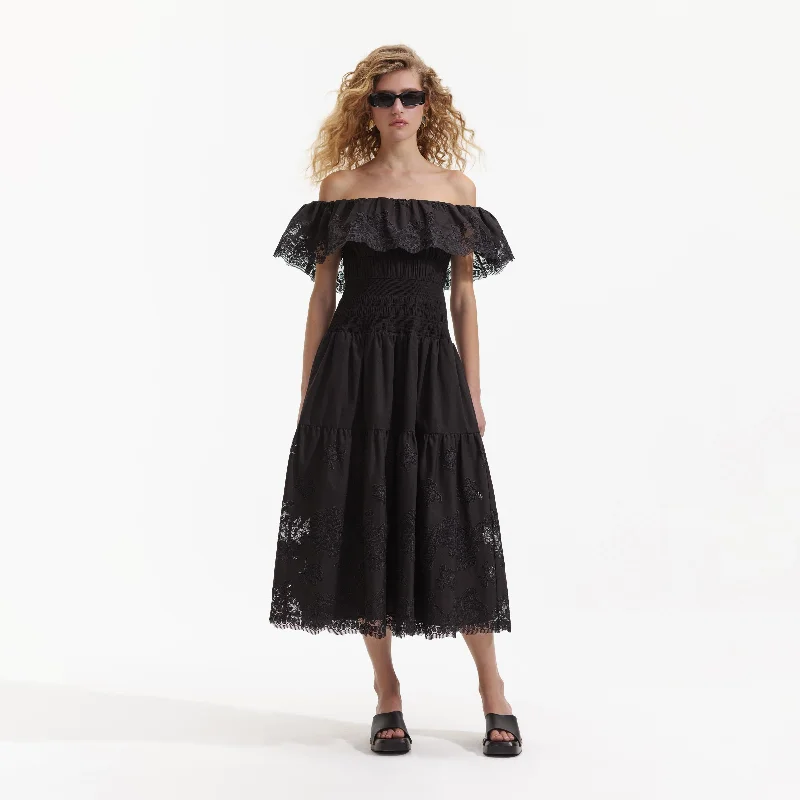 Midi Dresses for Team Events -Black Cotton Midi Dress