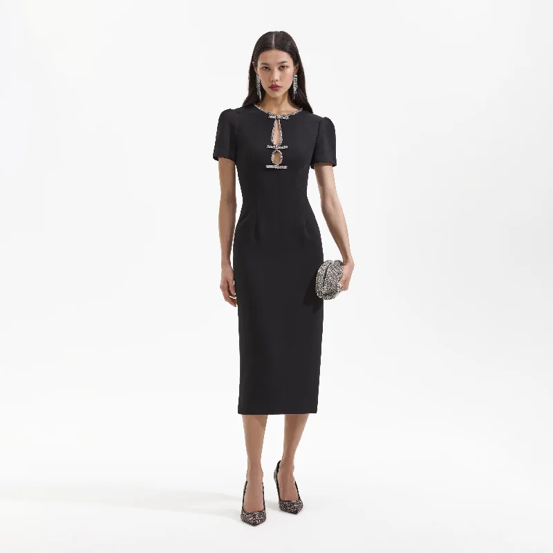 Midi Dresses for Hot Days -Black Crepe Diamante Bow Midi Dress