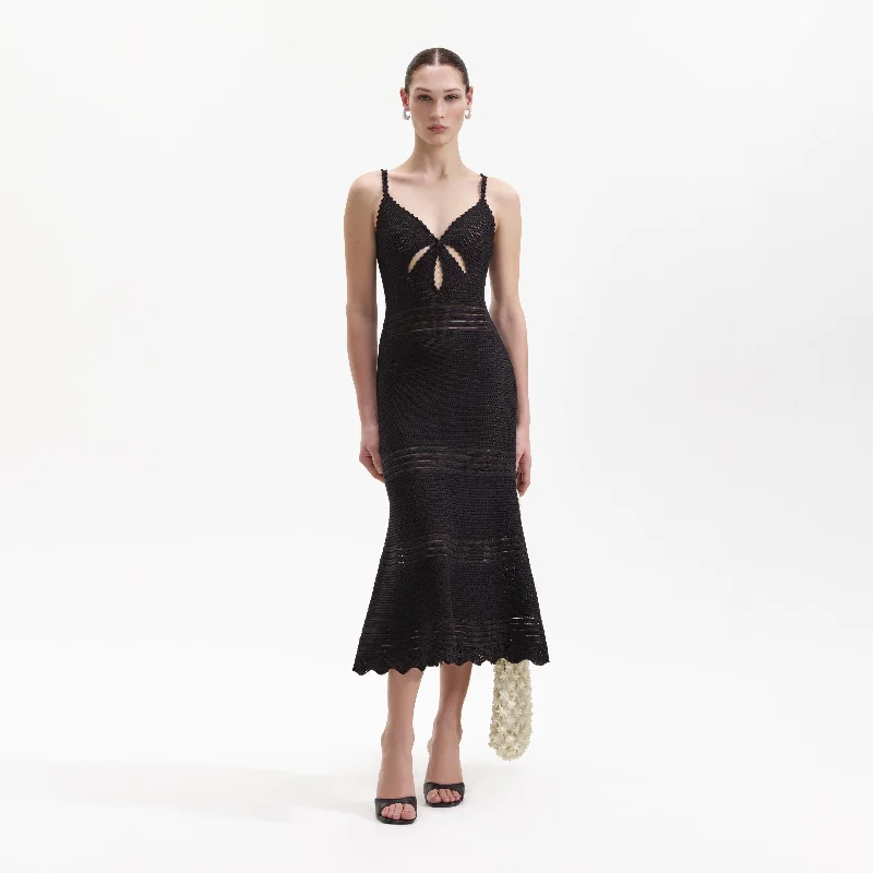 Midi Dresses for Lunch Edge -Black Crochet Cut Out Midi Dress