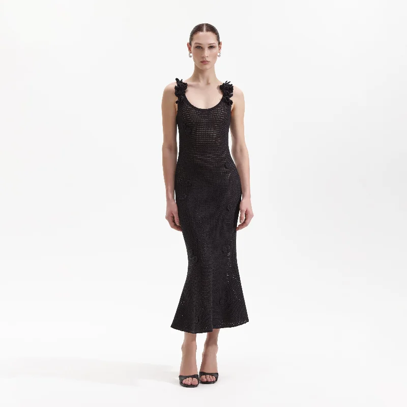 Smooth-Silk Midi Dresses -Black Crochet Midi Dress