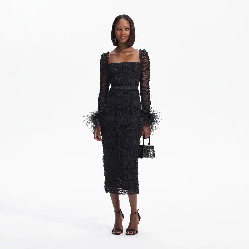 Keyhole-Cut Midi Dresses -Black Dot Mesh Feather Midi Dress