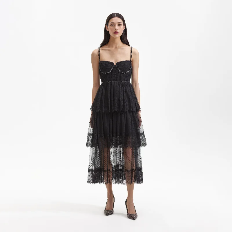 Pleated-Top Midi Dresses -Black Dot Mesh Tier Midi Dress