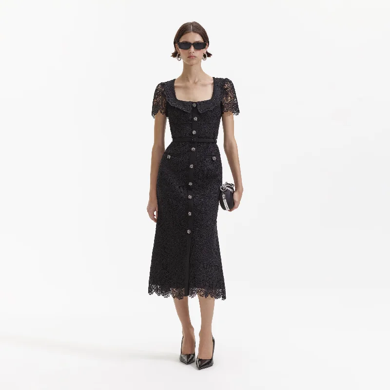 Animal-Print Midi Dresses -Black Guipure Lace Button Midi Dress