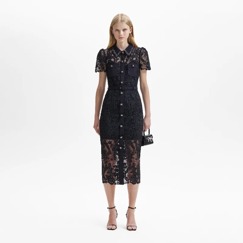 Midi Dresses for Engagement Fun -Black Lace Button Front Midi Dress