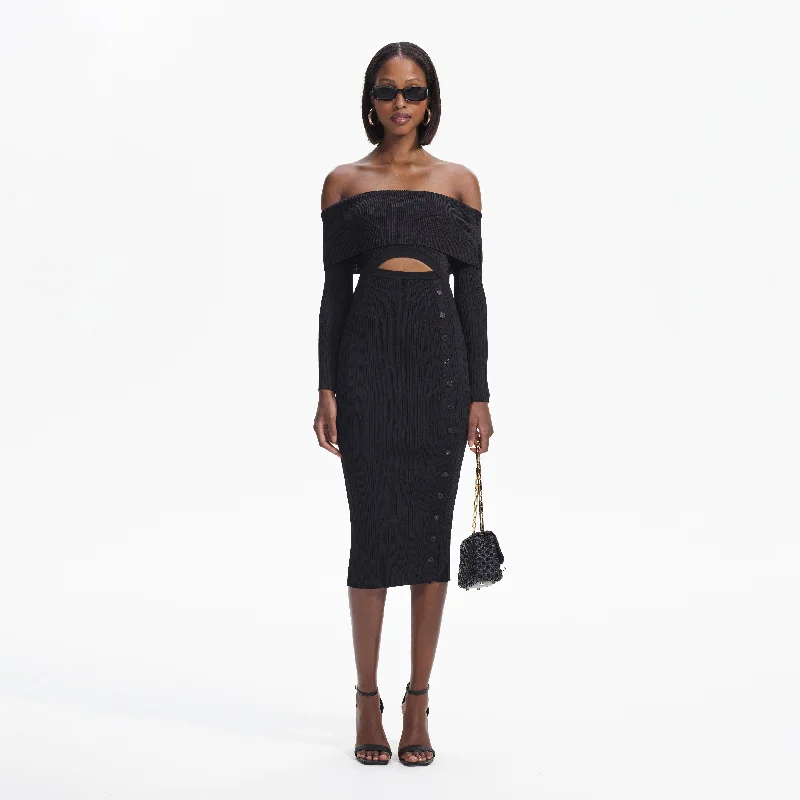 Midi Dresses for Game Edge -Black Off Shoulder Knit Midi Dress