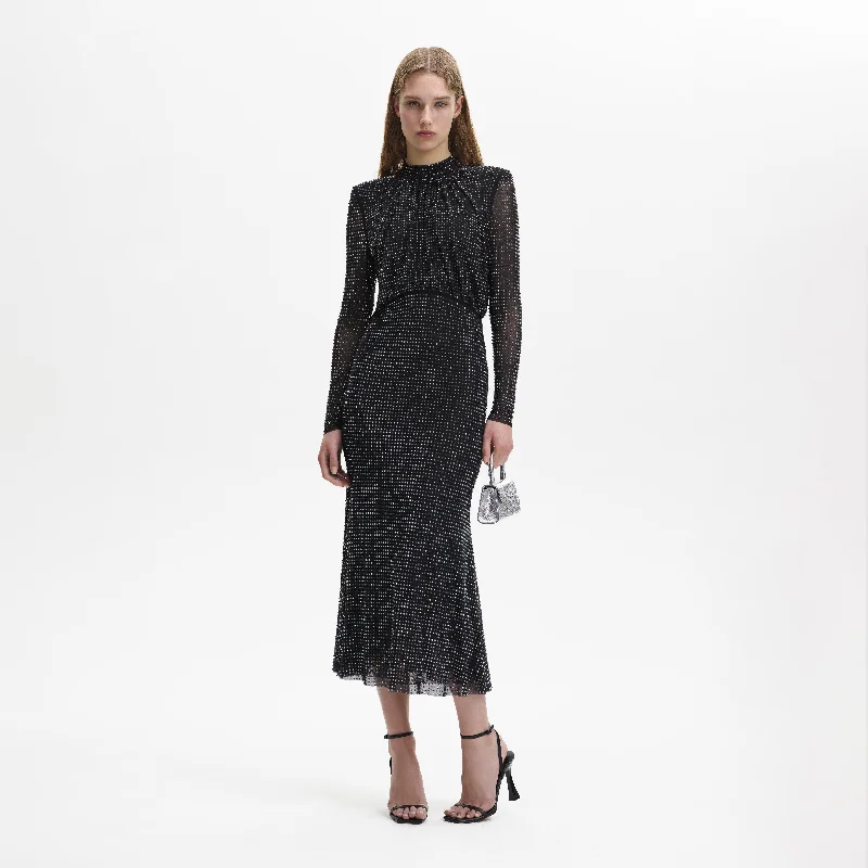 Swirly Midi Dresses -Black Rhinestone Mesh Long Sleeve Midi Dress