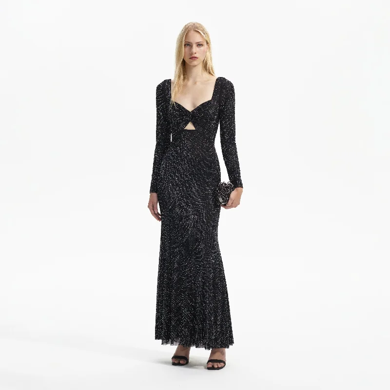 Random-Pattern Midi Dresses -Black Rhinestone Mesh Sweetheart Midi Dress