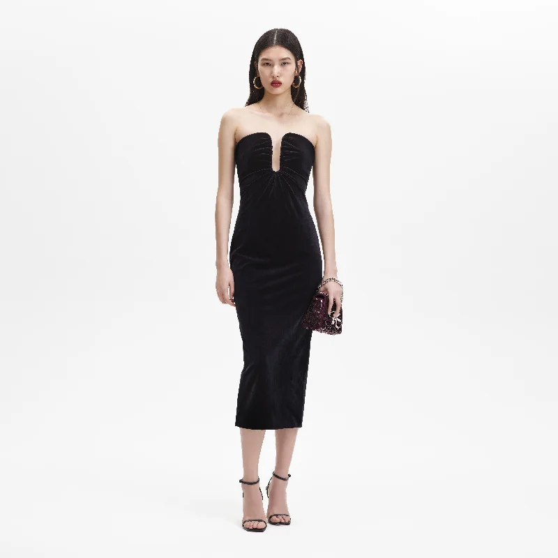 Shiny Midi Dresses for Glam -Black Velvet Strapless Midi Dress