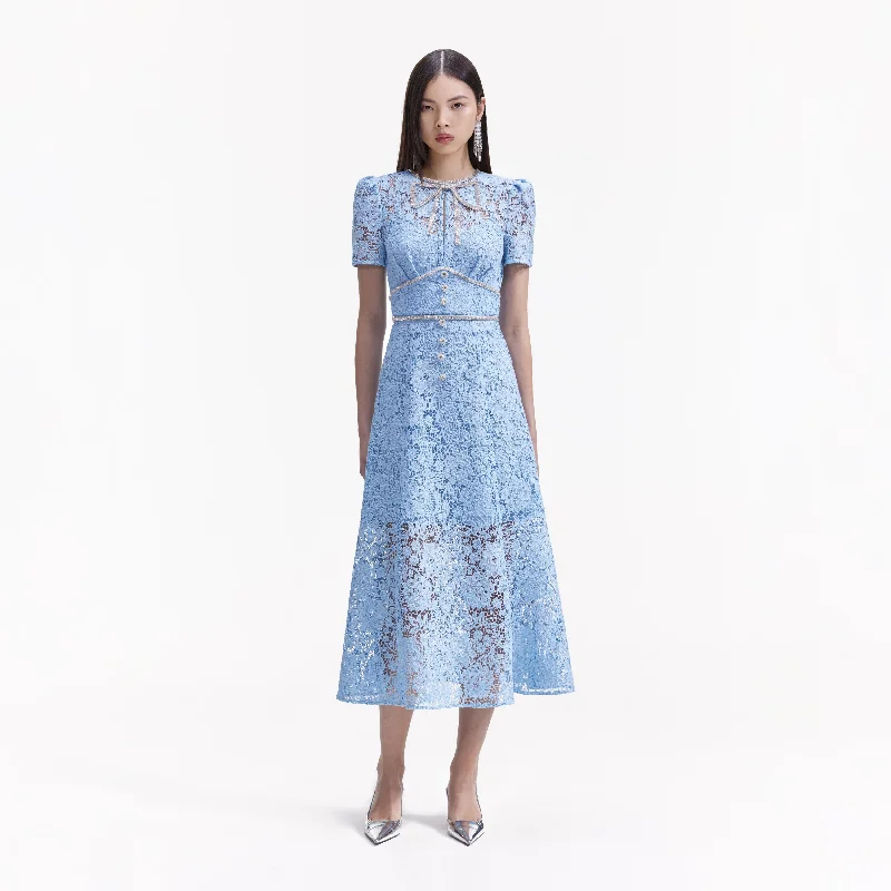 Midi Dresses for Fun Edge -Blue Cord Lace Bow Midi Dress