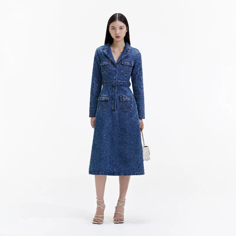 Bell-Edge Midi Dresses -Blue Denim Belted Midi Dress