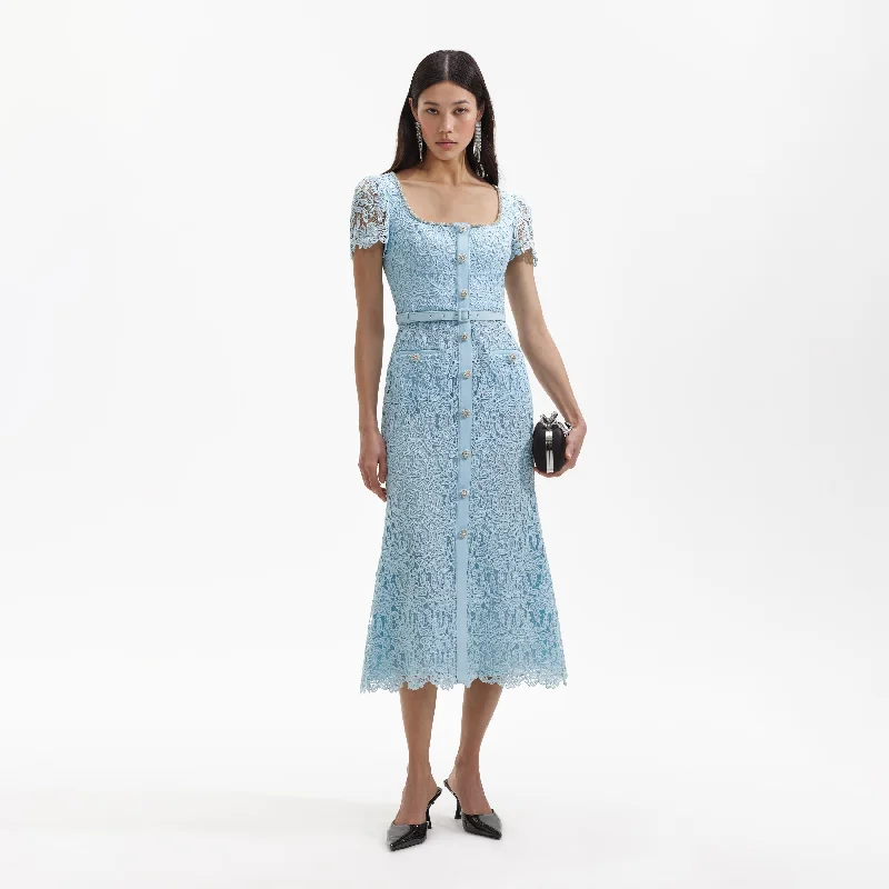 Swing-Edge Midi Dresses -Blue Lace Diamante Midi Dress