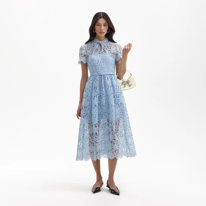 Boho Midi Dresses for 2025 Trends -Blue Lace Keyhole Midi Dress