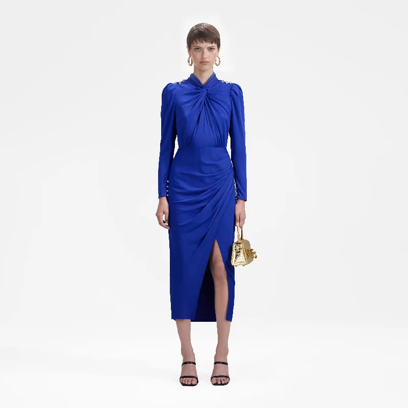 Midi Dresses for Club Edge -Blue Stretch Crepe Twisted Collar Midi Dress