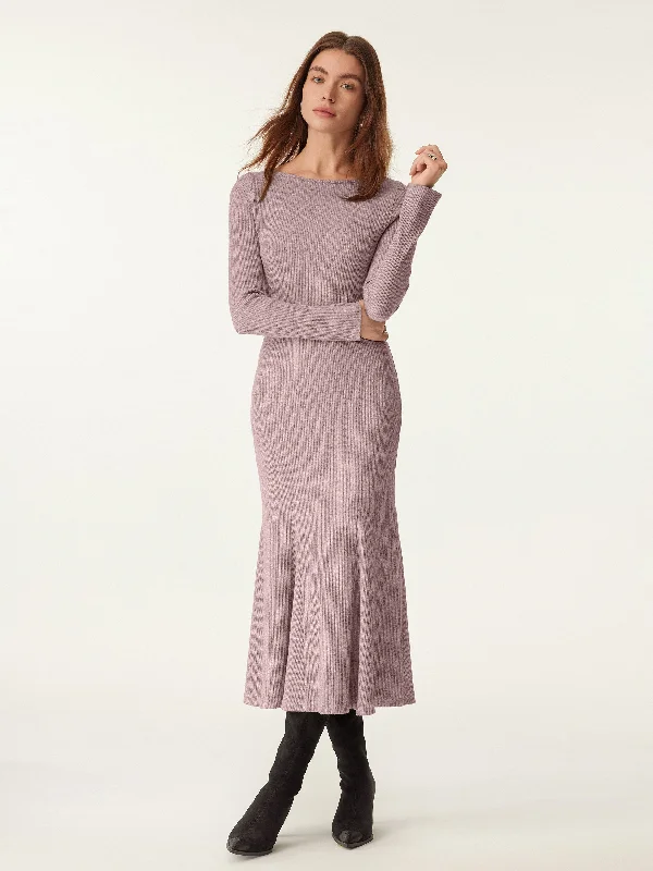 Thick-Fabric Midi Dresses -Boatneck Flare Midi Dress