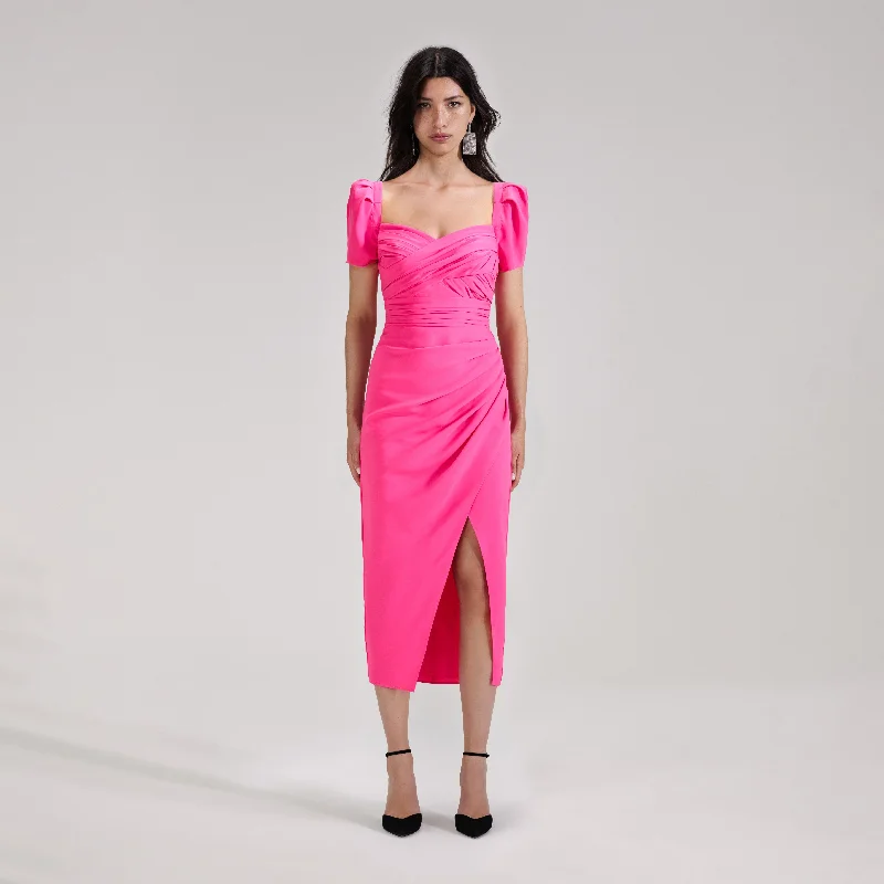 Pleated-Hem Midi Dresses -Bright Pink Iris Midi Dress