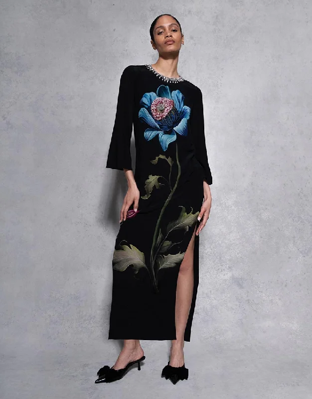 Midi Dresses for Concert Nights -Capucine Crepe Midi Dress - Painterly Flower