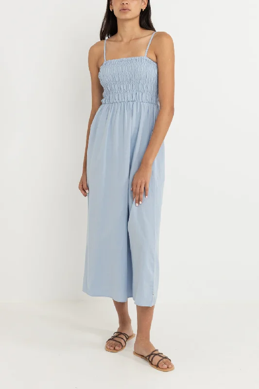 Pure-Cotton Midi Dresses -Classic Shirred Midi Dress Blue