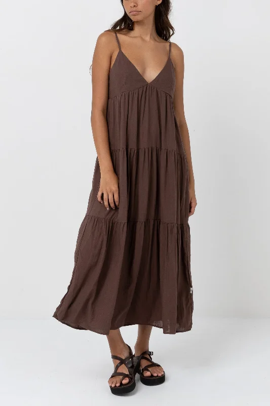 Calm-Tone Midi Dresses -Classic Tiered Midi Dress Chocolate