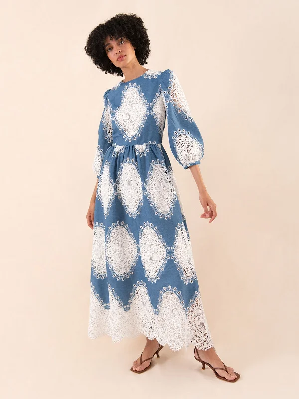 Cross-Strap Midi Dresses -Constance Broderie Anglaise Midi Dress - Lace/Denim - SALE