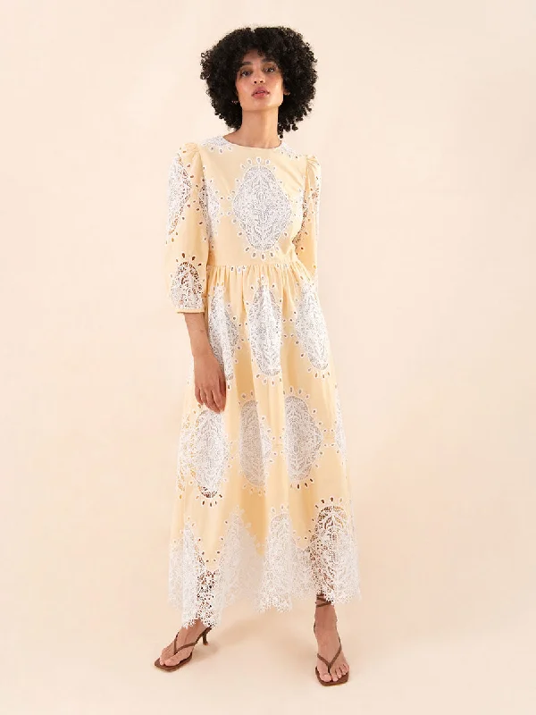 Rich Midi Dresses for Class -Constance Round Neck Lace Midi Dress - Pale Yellow - SALE