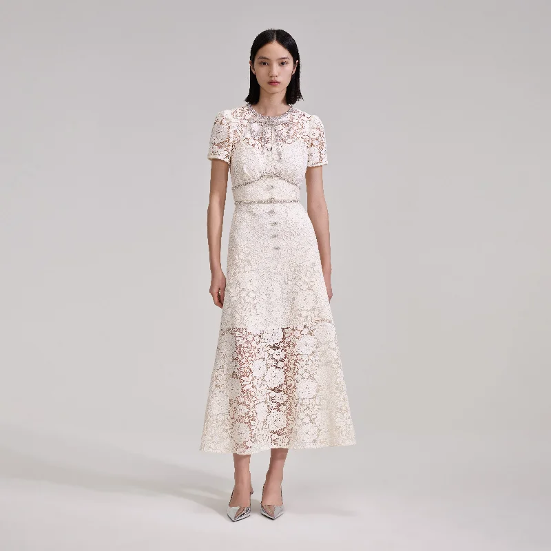 Midi Dresses for Art Shows -Cream Cord Lace Bow Midi Dress