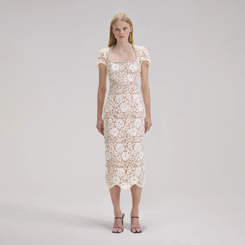 Side-Gather Midi Dresses -Cream Cord Lace Diamante Midi Dress