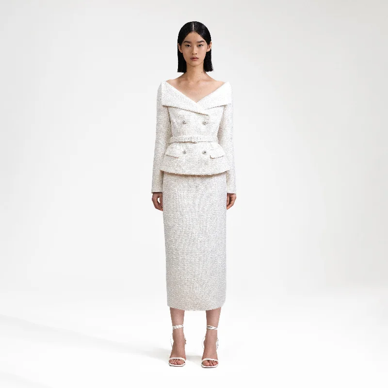 Draped Midi Dresses for Drama -Cream Off Shoulder Boucle Midi Dress