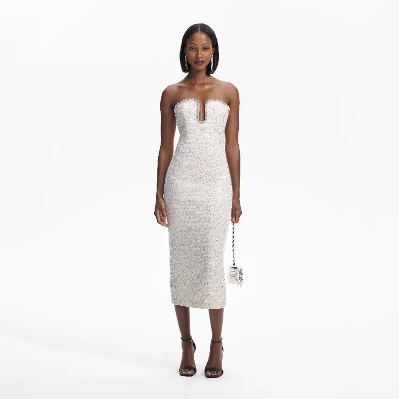 Plush-Cotton Midi Dresses -Cream Sequin Boucle Strapless Midi Dress