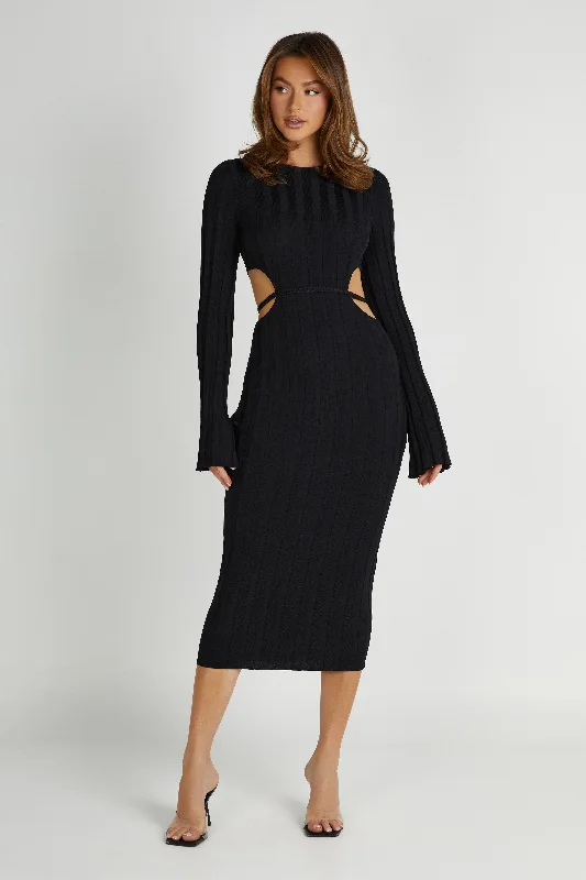 Soft-Silk Midi Dresses -Elodie Knit Midi Dress - Black