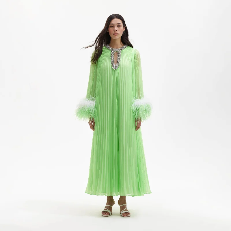 Midi Dresses for Chill Dates -Green Chiffon Feather Midi Dress