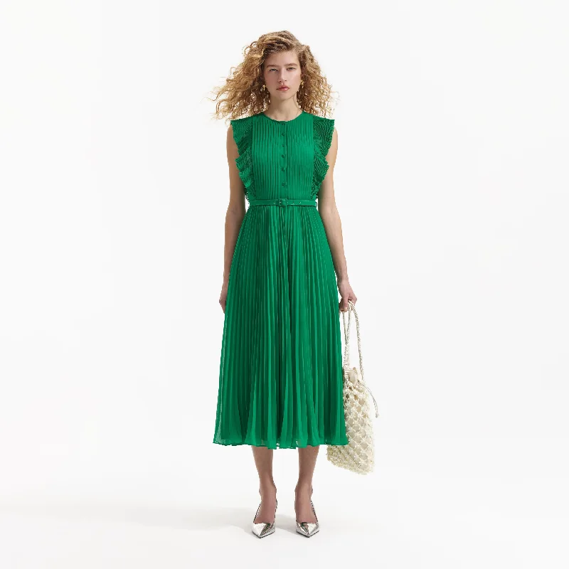 Midi Dresses for Urban Nights -Green Chiffon Sleeveless Ruffle Midi Dress