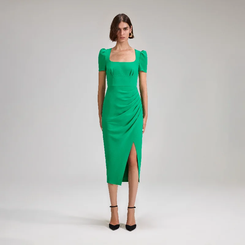 Midi Dresses for Game Nights -Green Crepe Midi Dress