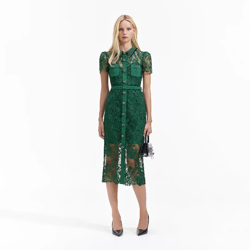 Speckled Midi Dresses -Green Lace Button Front Midi Dress