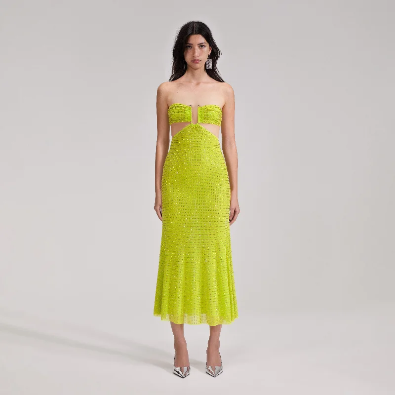 Wide-Edge Midi Dresses -Green Rhinestone Mesh Midi Dress