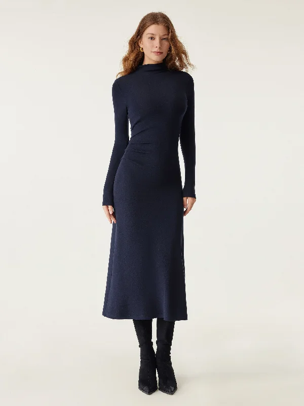 Bare-Back Midi Dresses -Heat-Tech Long Sleeves Mockneck Tucks Midi Dress