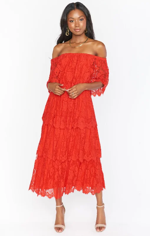 Midi Dresses for Night Chill -Lana Midi Dress ~ Red Spring Fling Lace