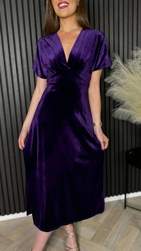 Swing-Edge Midi Dresses -Merritt Purple V Neckline Velvet Finish Midi Dress