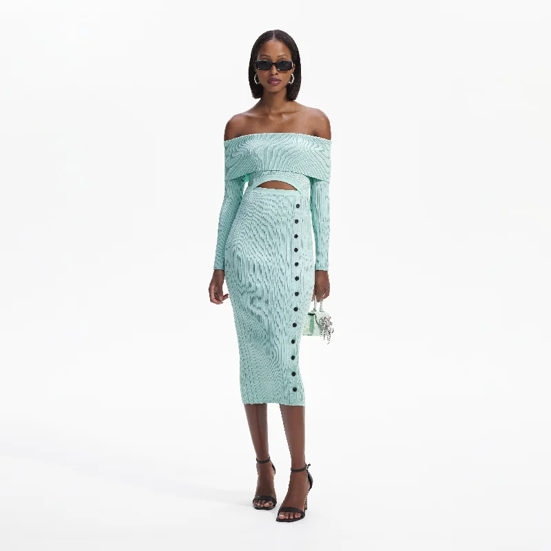 Wild-Silk Midi Dresses -Mint Off Shoulder Knit Midi Dress