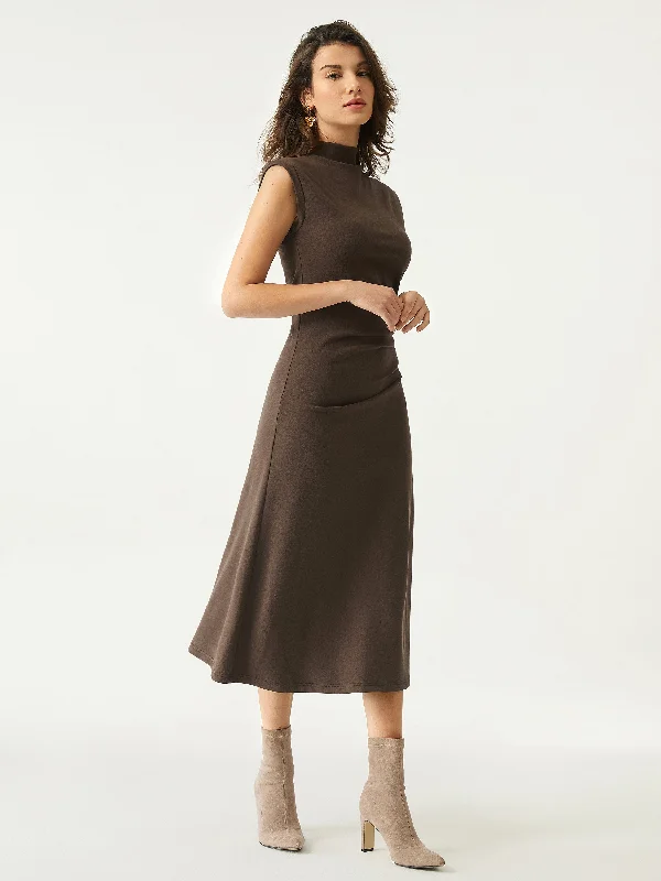 Fine-Texture Midi Dresses -Mockneck Tucks Midi Dress