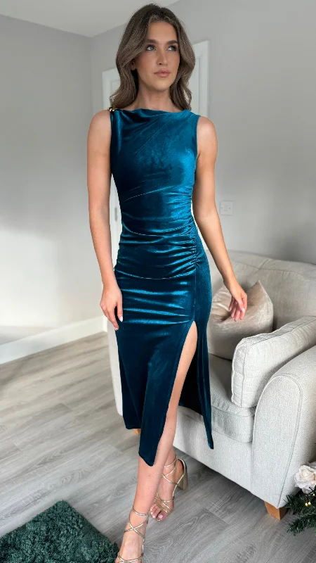 Boho Midi Dresses for 2025 Trends -Monroe Blue Velvet Finish Shoulder Detail Midi Dress