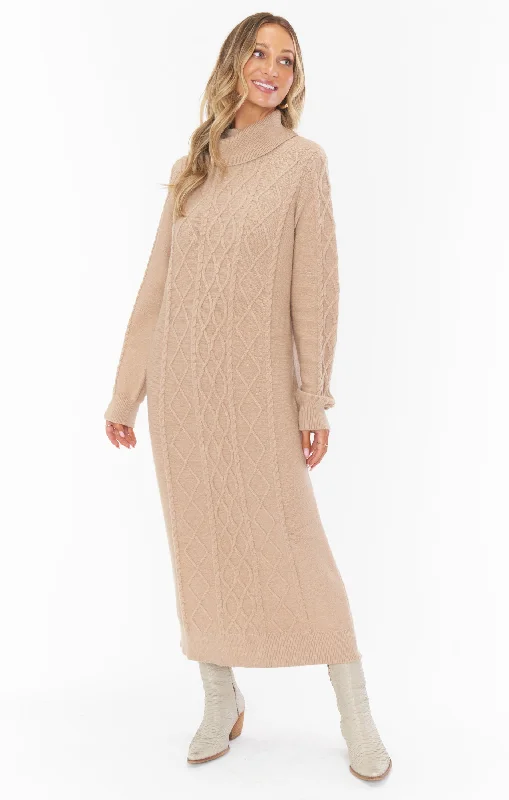 Fine-Cotton Midi Dresses -Montreal Midi Dress ~ Taupe Cable Knit